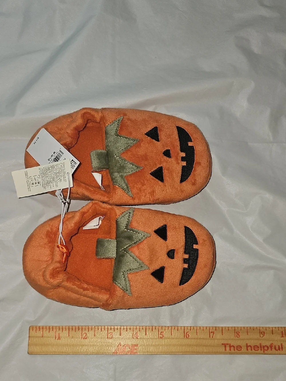 Old Navy Kid Medium 9/10 Orange PumpkinJack O'Lantern Plush Slip-On Slippers New